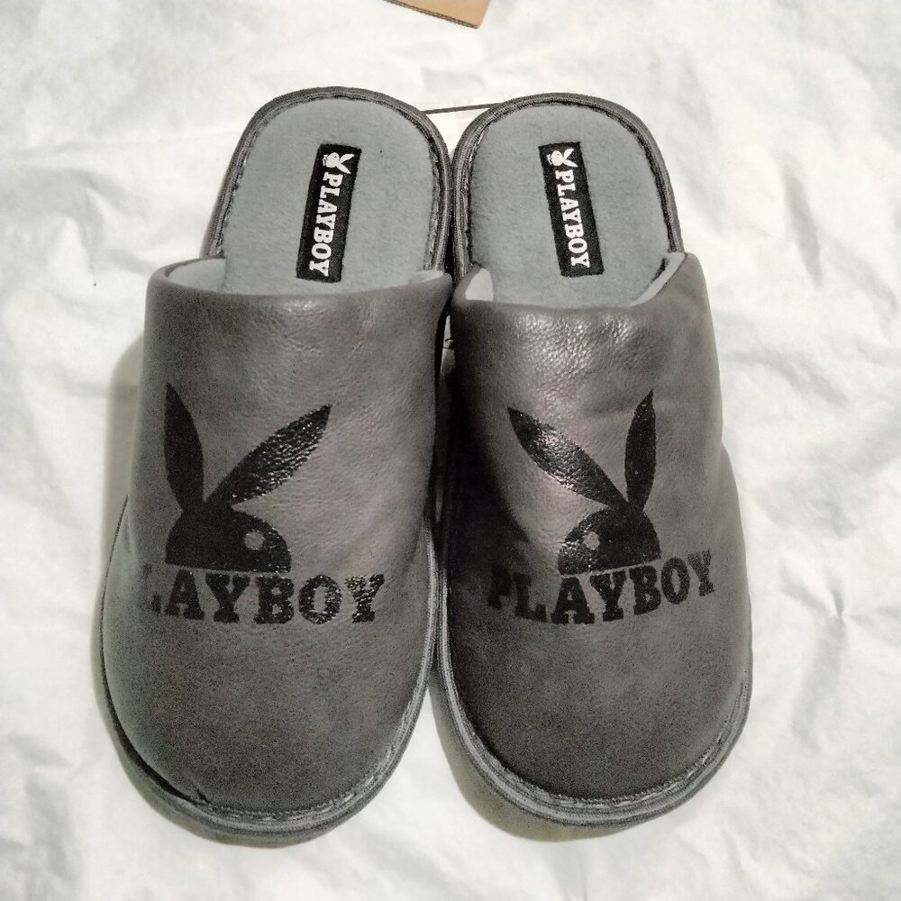 PLAYBOY Men’s Leather Slippers Gray Hardsoles Memory Foam Size 9/10 NWT
